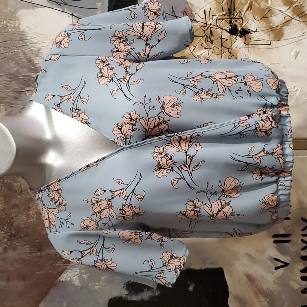 Sienna Sky Baby Blue with Pink Floral Print Short Sleeve Blouse Women L